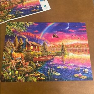 Scenic Nature Puzzle with Deer and Cabin